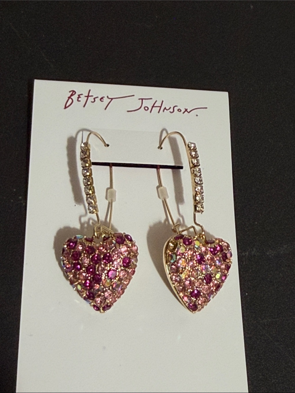 Betsey Johnson gold pink rhinestone heart shaped dangle earrings